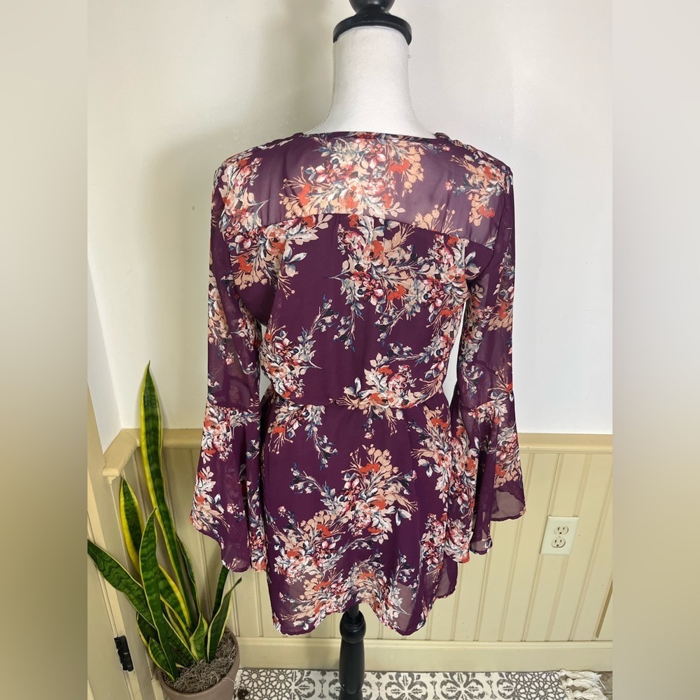 Miami Floral Mini Dress S Purple Bell Sleeve Pockets Boho Fall Wedding Fairycore - Picture 9 of 13